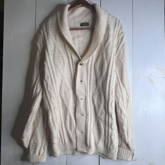 Vintage Cream Cable Knit Shawl Collar Cardigan Sweater Men’s Large 100% Acrylic - Picture 1 of 12